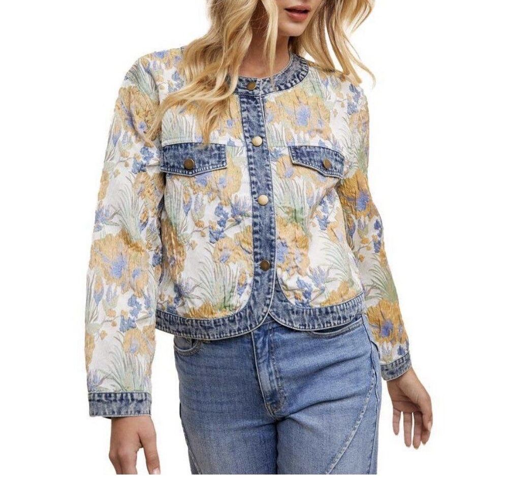Floral Tapestry Denim Trim Jacket L Boho Floral Feminine Romantic Cottagecore